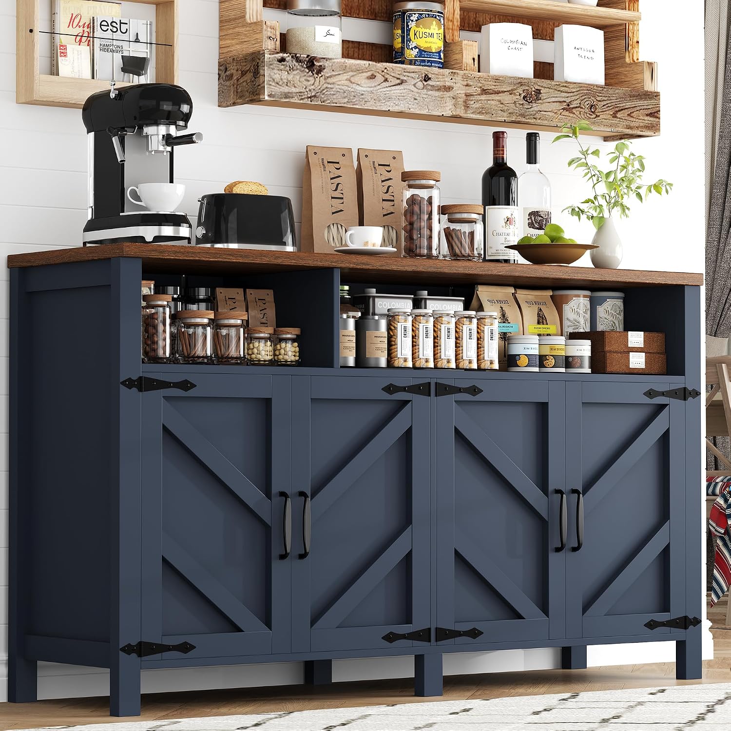 knoworld Buffet Sideboard with Storage Farmhouse with 4 Doors, 55'' Large Kitchen Storage Cabinet Wood Coffee Bar Buffet Table for Kitchen, Dining Room (Blue, 55 in)