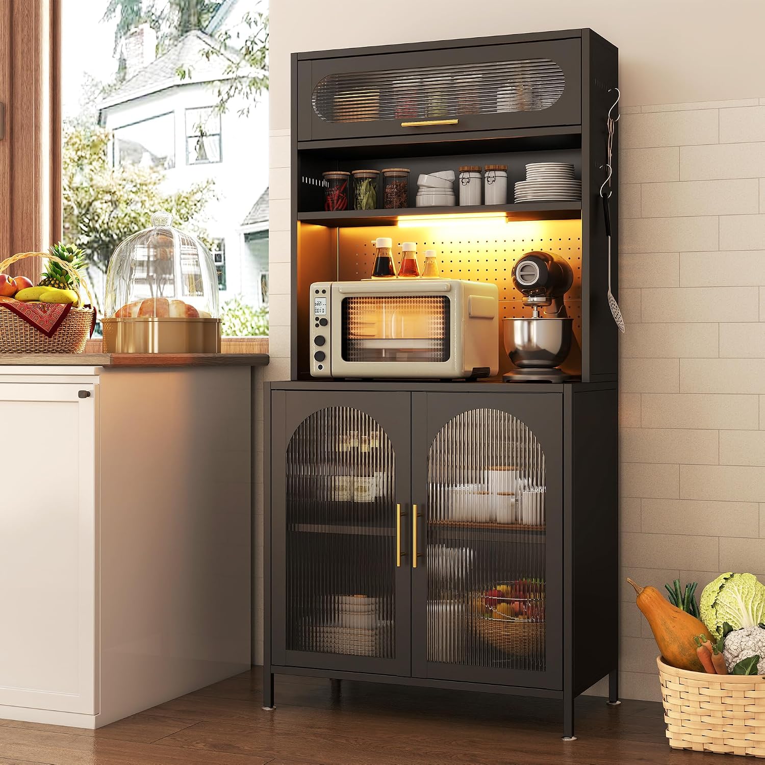 BECHEAO 5 Tier Metal Kitchen Pantry Storage Cabinet with LED Sensor Light, 66' Tall Food Pantry Cabinet, DIY Pegboard, Adjustable Shelves, Microwave Stand & Coffee Bar with Storage for Kitchen, Black