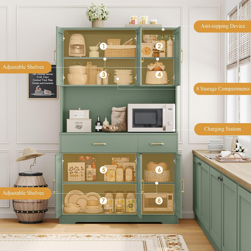 HOSTACK 71' Pantry Cabinet with Charging Station, Tall Kitchen Pantry Storage Cabinet with Microwave Stand, Farmhouse Kitchen Hutch with Storage Drawers for Living Room, Dining Room, Green