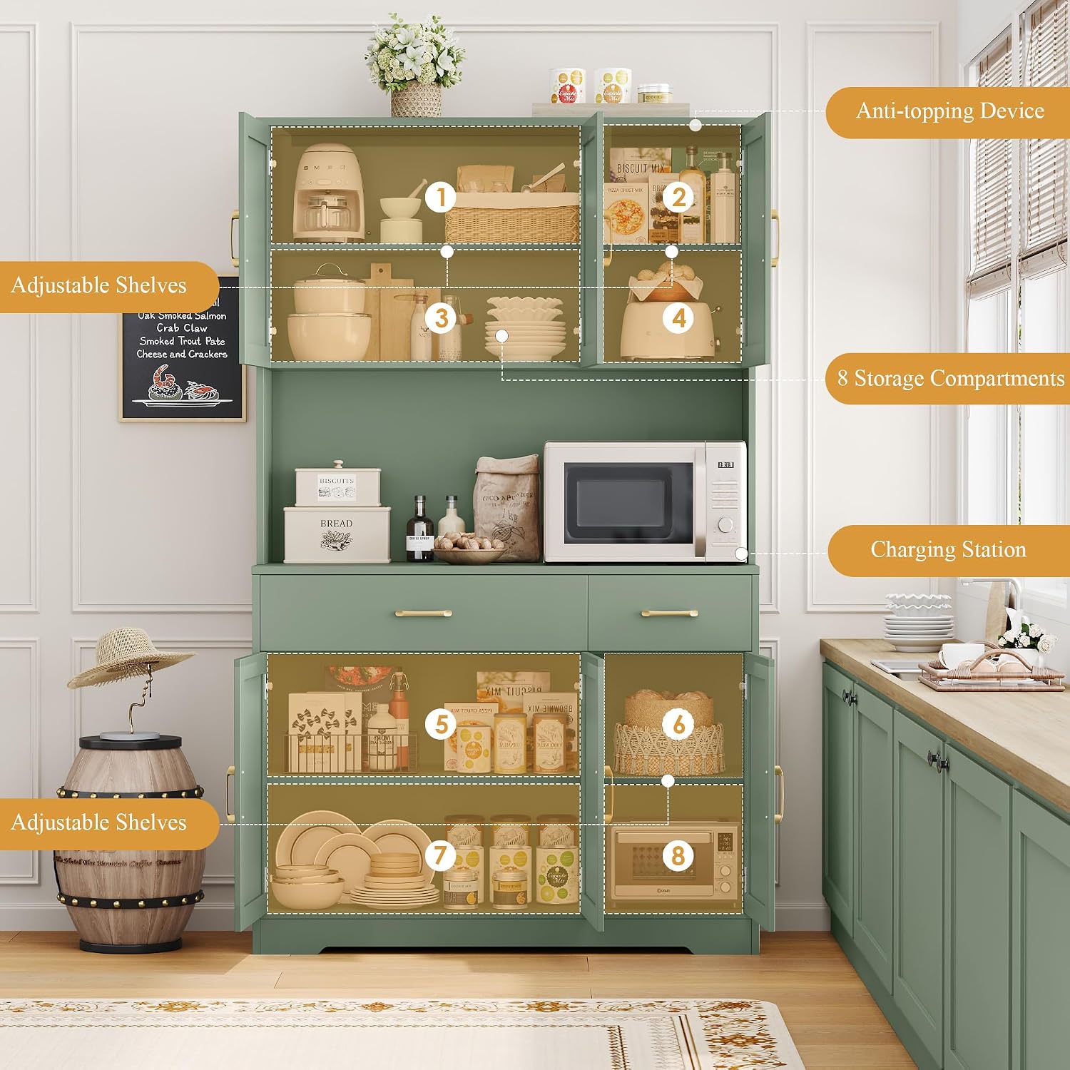 HOSTACK 71' Pantry Cabinet with Charging Station, Tall Kitchen Pantry Storage Cabinet with Microwave Stand, Farmhouse Kitchen Hutch with Storage Drawers for Living Room, Dining Room, Green