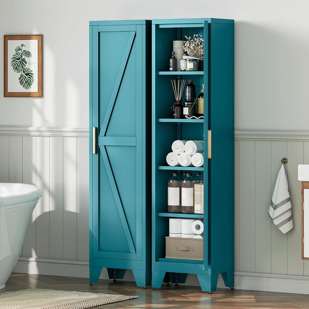 LCAOPC 67' Tall Narrow Bathroom Metal Storage Cabinet with 4 Adjustable Shelves, Freestanding 5 Tier Slim Pantry Storage Cabinet for Small Space, Peacock