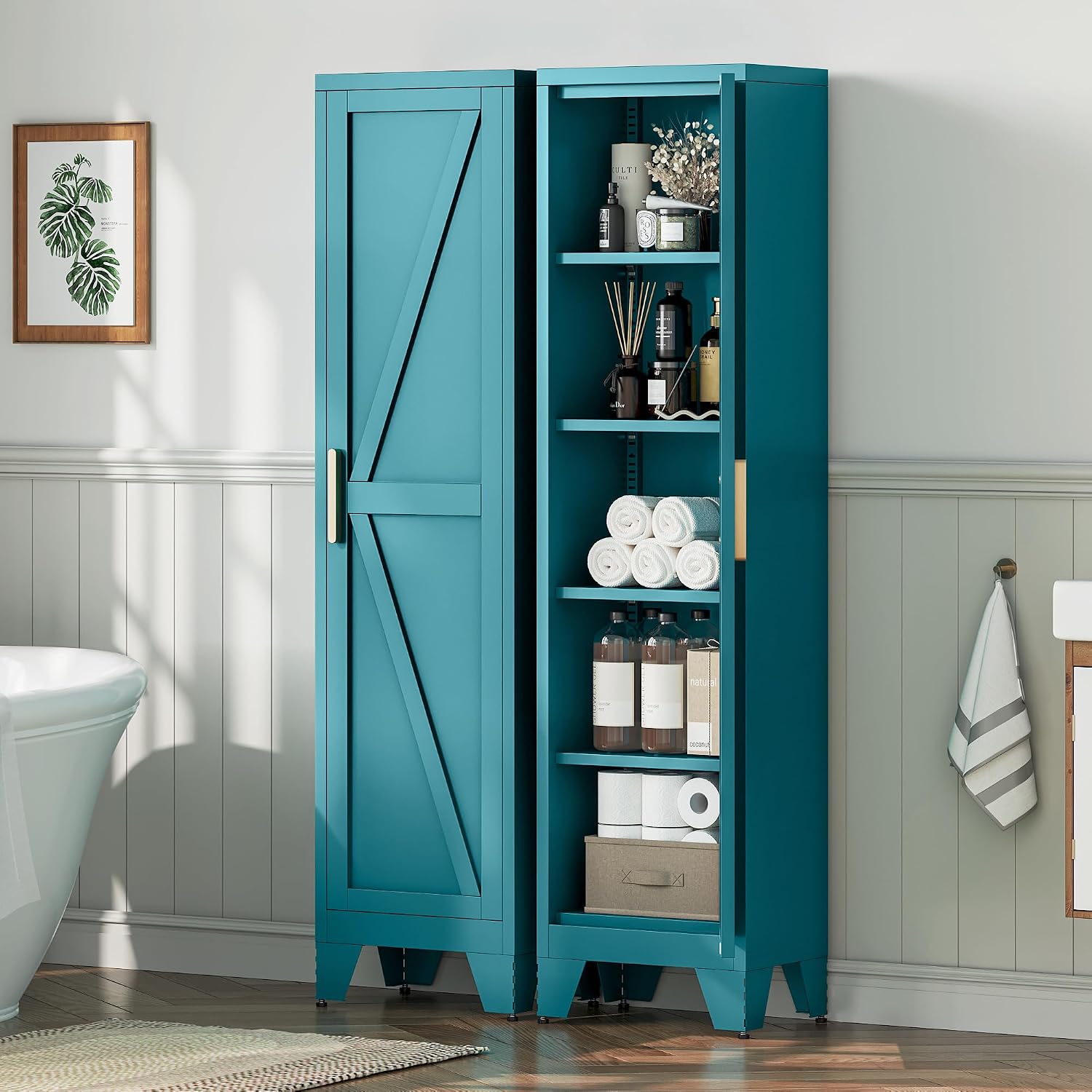 LCAOPC 67' Tall Narrow Bathroom Metal Storage Cabinet with 4 Adjustable Shelves, Freestanding 5 Tier Slim Pantry Storage Cabinet for Small Space, Peacock