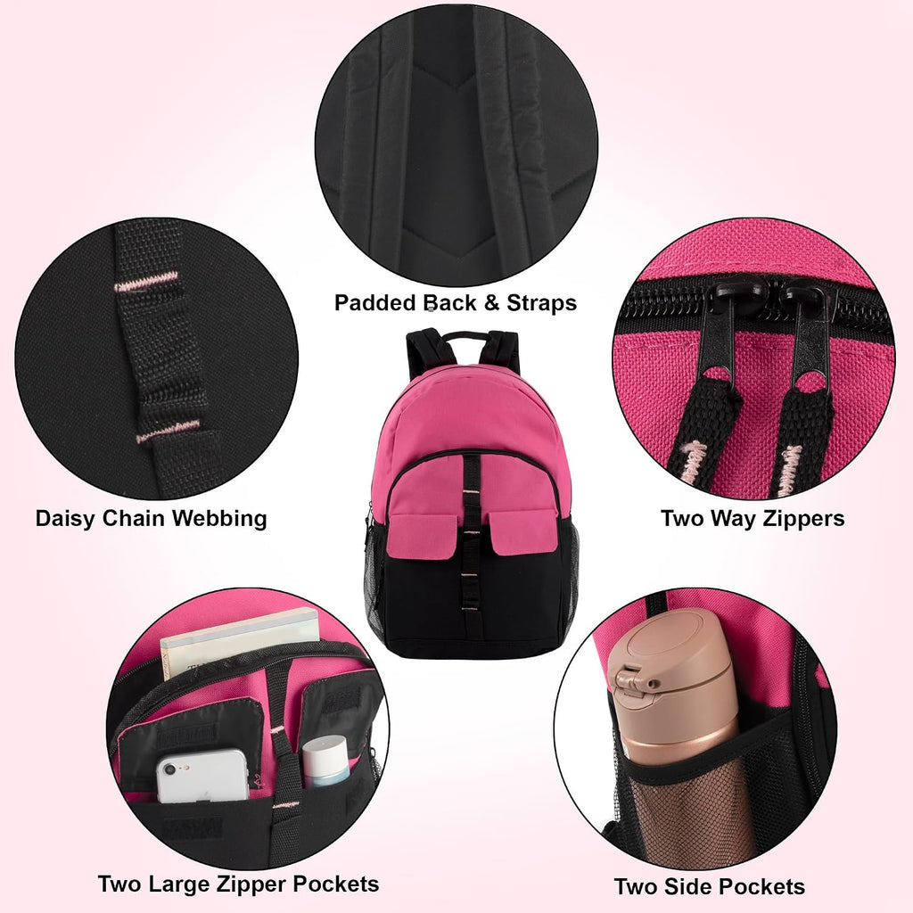 Trail maker 24 Pack Backpacks in Bulk | Wholesale Multipocket Backpacks with Side Water Bottle Pockets for Sports Teams, Homeless (Female Colors Pack)