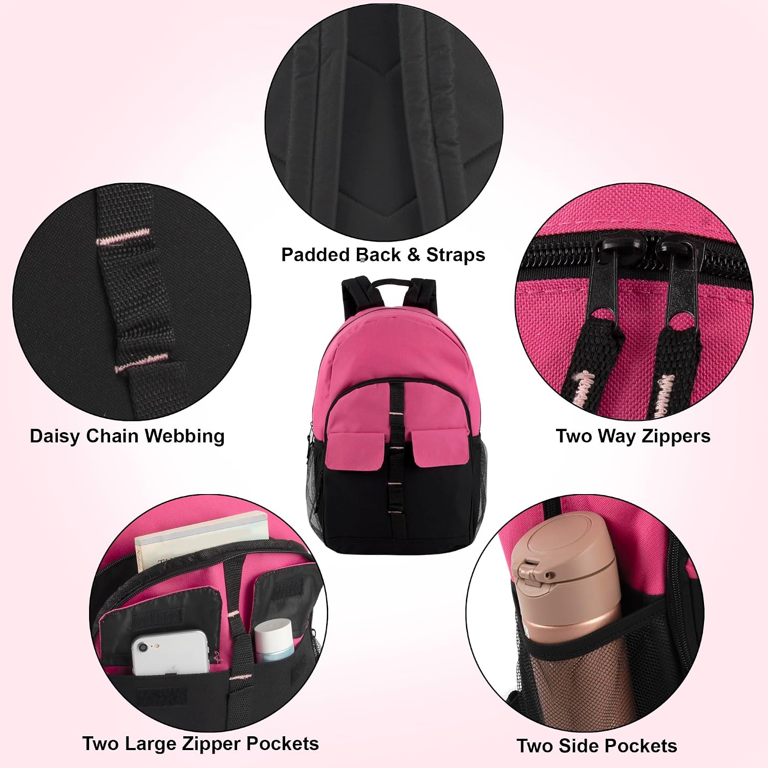 Trail maker 24 Pack Backpacks in Bulk | Wholesale Multipocket Backpacks with Side Water Bottle Pockets for Sports Teams, Homeless (Female Colors Pack)