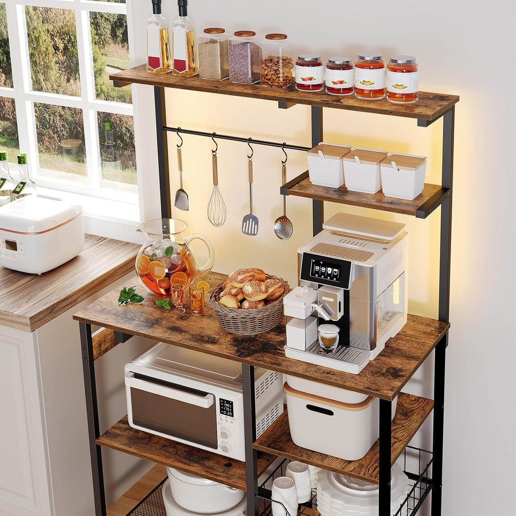 HOOBRO Bakers Rack with Power Outlet, 6-Tier Microwave Stand with LED Light BF06HB01-BF64UDHB01