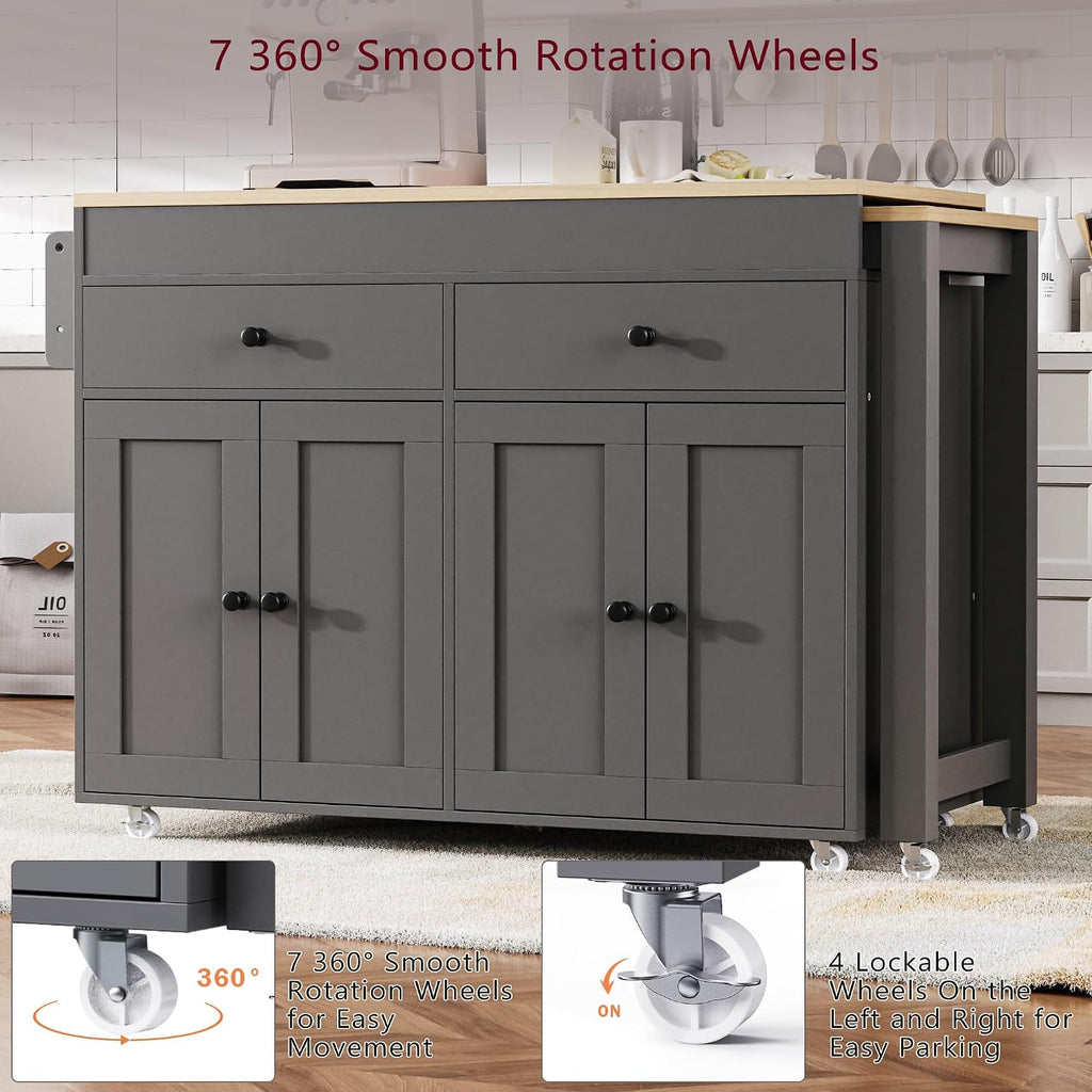 74.5 inch Kitchen Island with Extendable Dining Table, Rolling Kitchen Island on Wheels with Spice Rack and 2 Drawers, Kitchen Storage Cart with 4 Door Cabinet, for Kitchen, Dining Room (Grey/E)