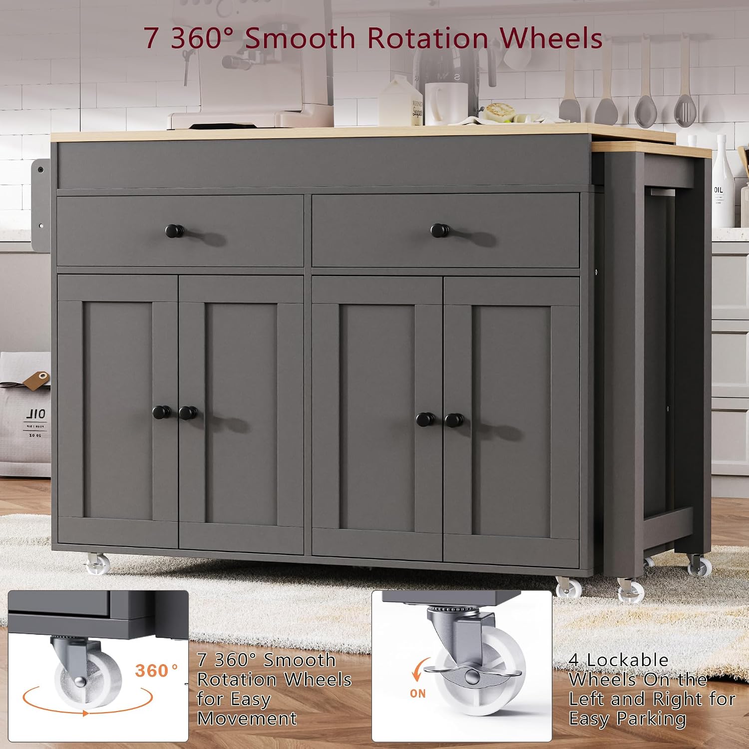 74.5 inch Kitchen Island with Extendable Dining Table, Rolling Kitchen Island on Wheels with Spice Rack and 2 Drawers, Kitchen Storage Cart with 4 Door Cabinet, for Kitchen, Dining Room (Grey/E)
