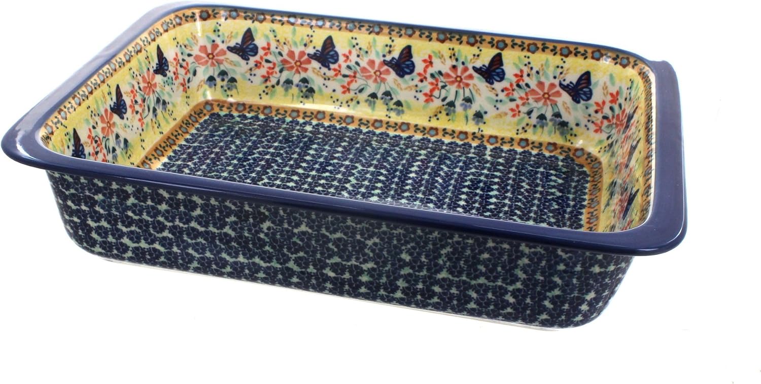 Blue Rose Polish Pottery - Yellow Blue Butterfly Large Rectangular Baker - 14' x 11.25' - Unique, Dishwasher Safe, & Durable Bakeware