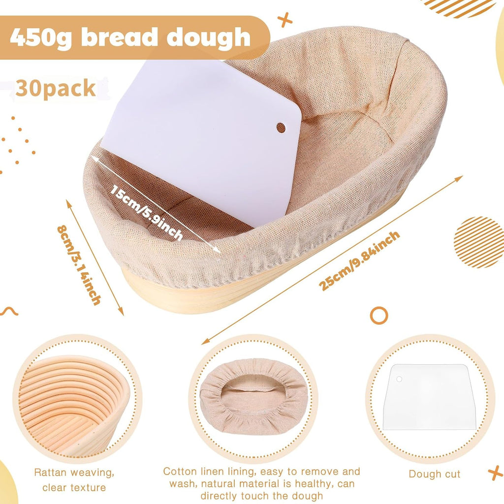 Gejoy 30 Set Bread Proofing Baskets 10 Inch Oval Shaped Banneton Dough Proofing Bowls Kit with Cloth Liner and Plastic Scraper Sourdough Basket for Home Sourdough Bakers Supplies