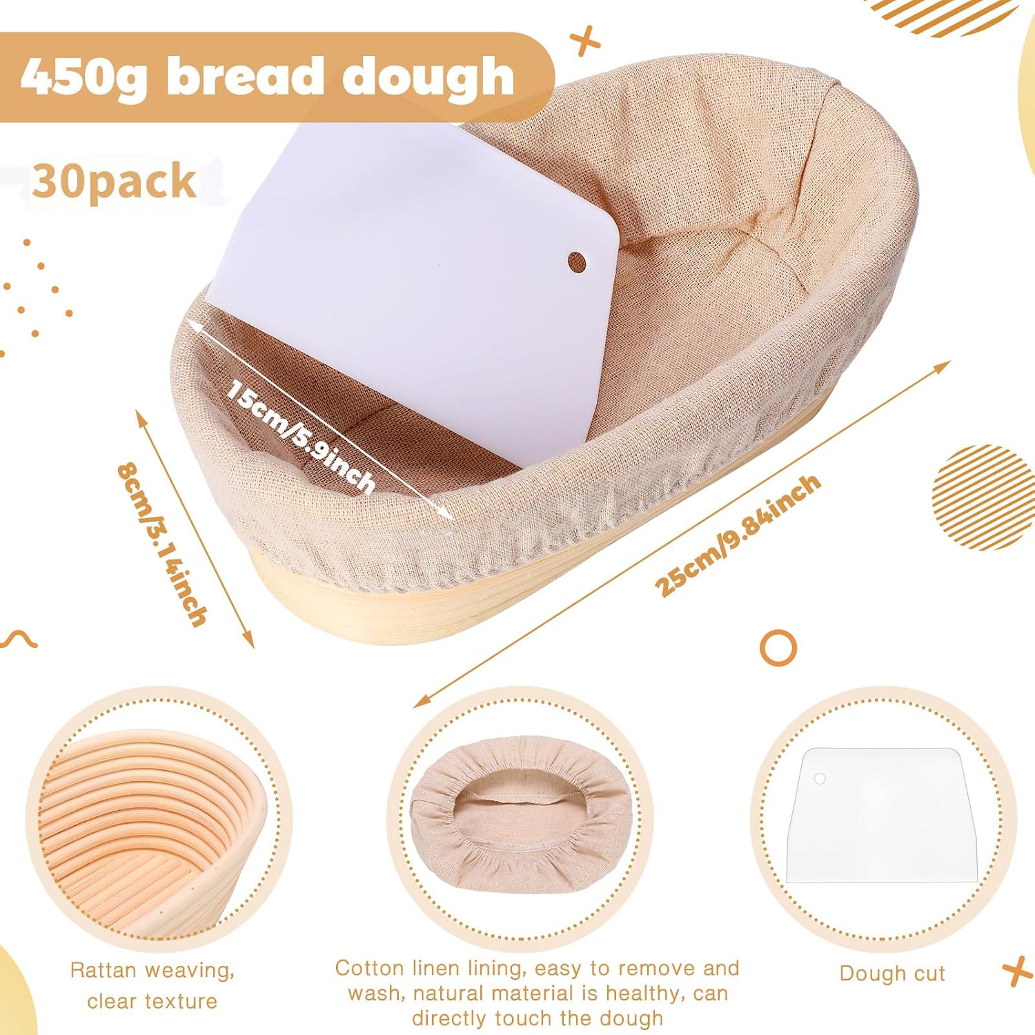 Gejoy 30 Set Bread Proofing Baskets 10 Inch Oval Shaped Banneton Dough Proofing Bowls Kit with Cloth Liner and Plastic Scraper Sourdough Basket for Home Sourdough Bakers Supplies