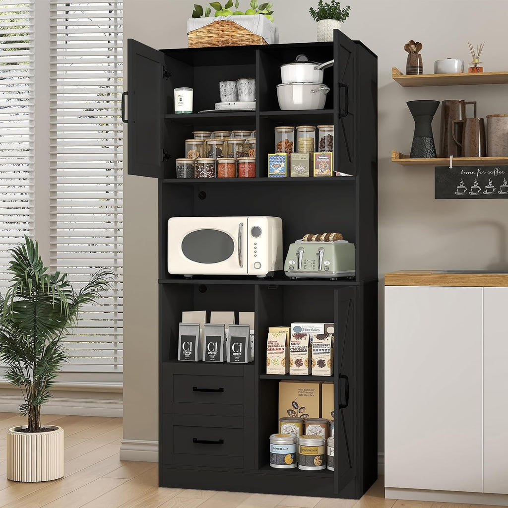 Kitchen Pantry Storage Cabinet with LED Lights and Power Strip, Tall Farmhouse Kitchen Pantry with Barn Doors and Drawers, Adjustable Shelves for Dining Living Room (Black)