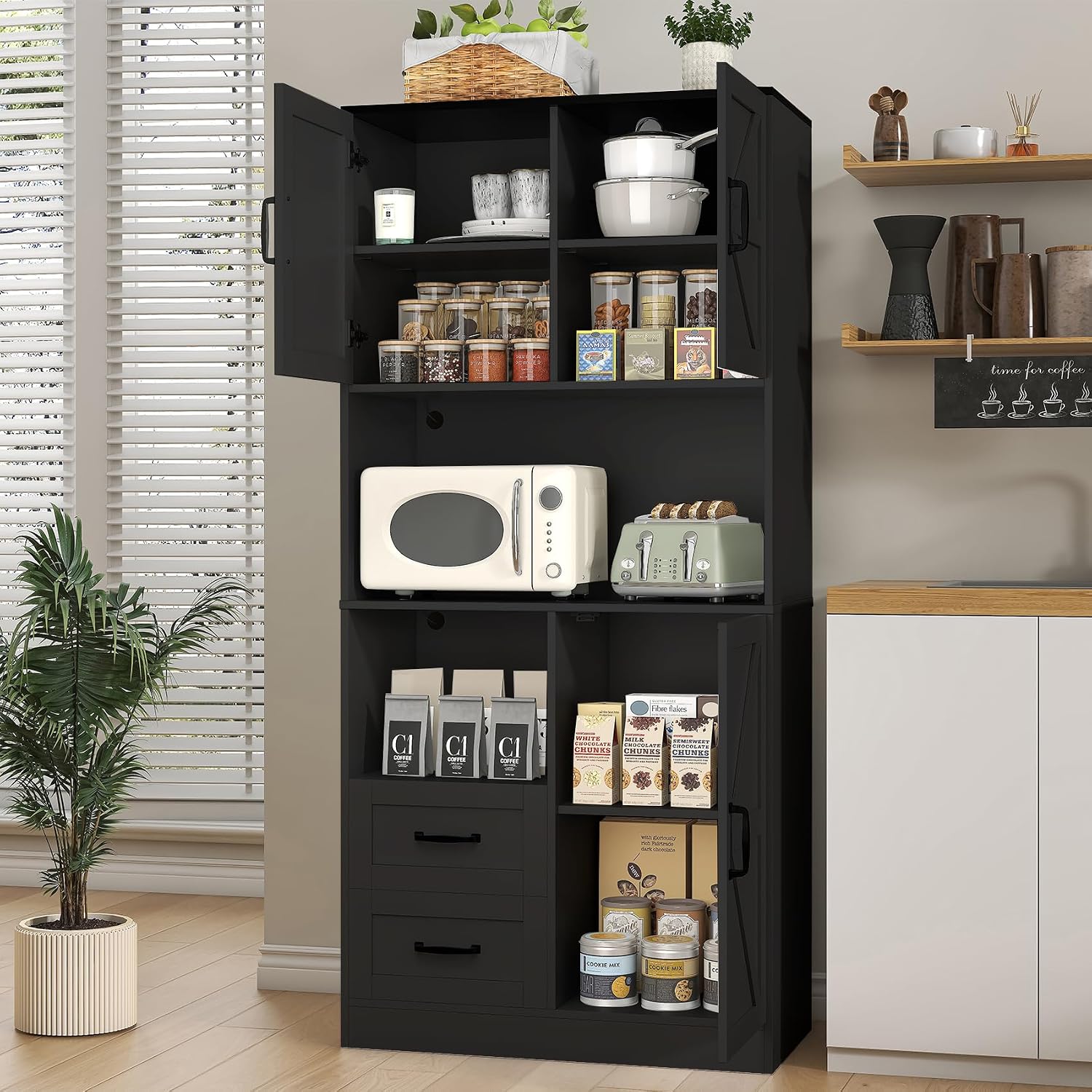 Kitchen Pantry Storage Cabinet with LED Lights and Power Strip, Tall Farmhouse Kitchen Pantry with Barn Doors and Drawers, Adjustable Shelves for Dining Living Room (Black)