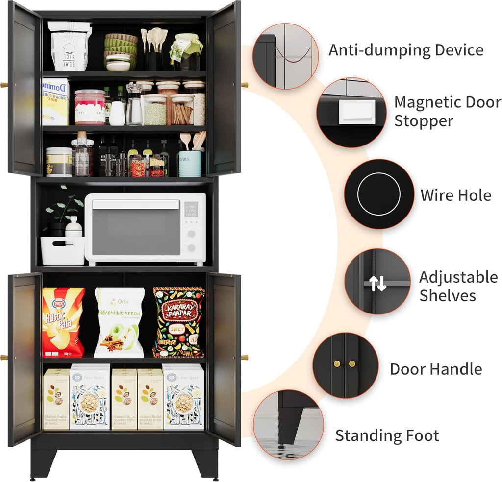 68.9'' Black Metal Kitchen Pantry Cabinet with Doors and Adjustable Shelves, Hutch Cabinet with Microwave Storage, Kitchen cabine can Also be Used in the Living Room.Bathroom, Home