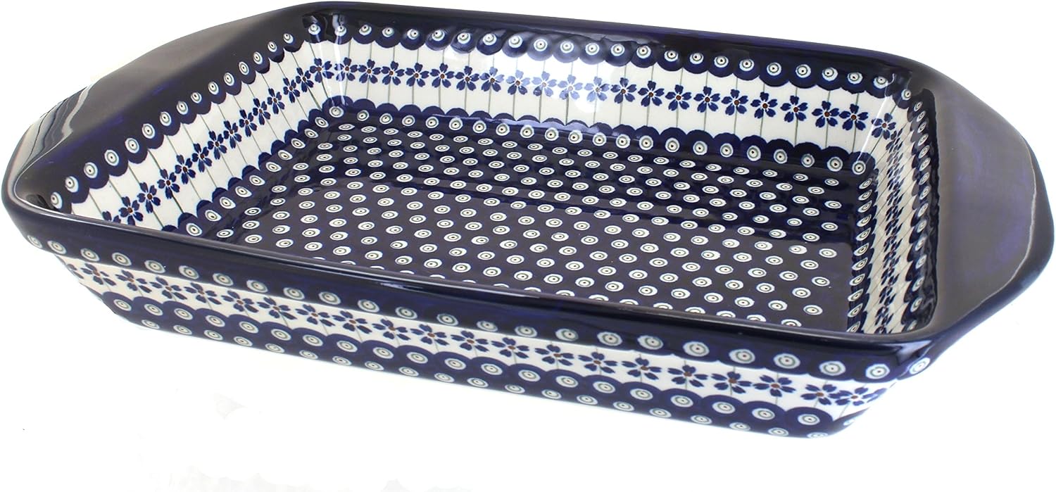 Blue Rose Polish Pottery - Blue Flowering Peacock Extra Large Baker - 13.75' x 10.75' - Unique, Dishwasher Safe, & Durable Bakeware