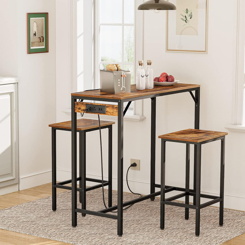 HOOBRO Kitchen Bakers Rack, Rustic Brown 3-Piece Bar Table Set with Power Outlet BF05UHB01-BF45UBT01