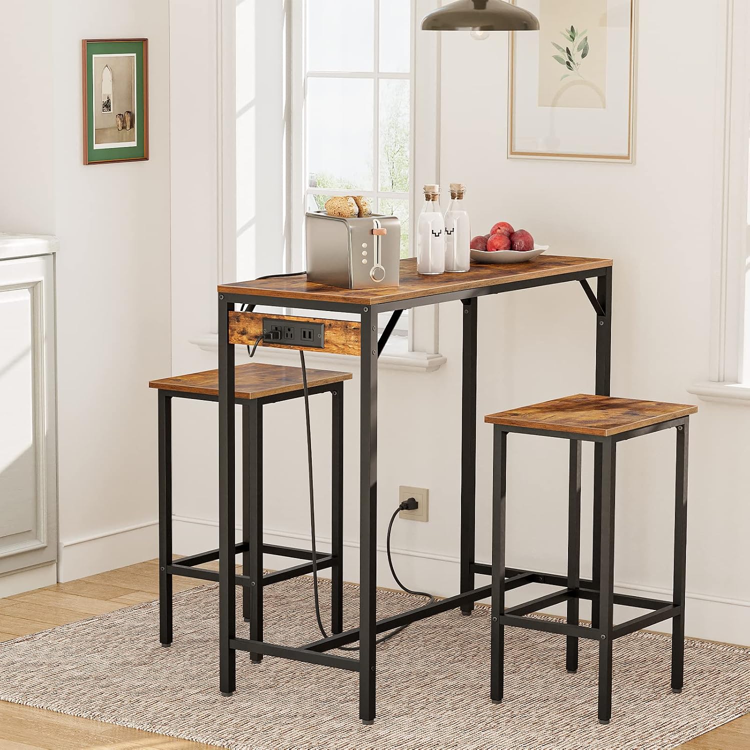 HOOBRO Kitchen Bakers Rack, Rustic Brown 3-Piece Bar Table Set with Power Outlet BF05UHB01-BF45UBT01