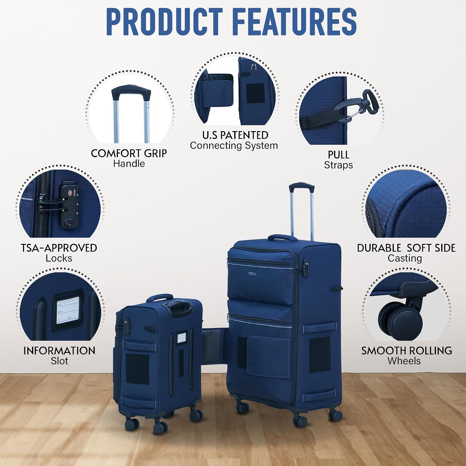 TACH LITE Samba Softside 3 Piece Luggage Set 20/24/28 Inch | Connectable Suitcases with Spinner Wheels | Lightweight Travel Suitcase with Wheels Carry On & Checked Bags | Luggage Set (Navy Blue)