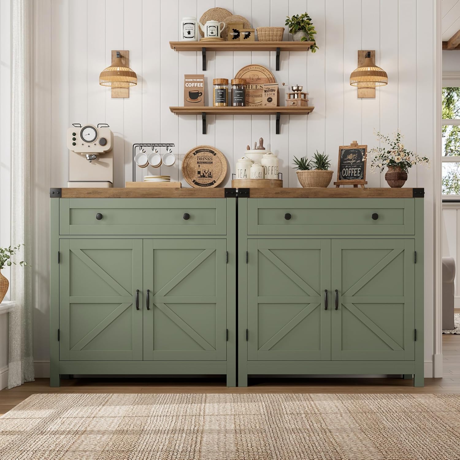 HOSTACK Coffee Bar Cabinet, Kitchen Storage Cabinet, Modern Farmhouse Buffet Sideboard with Drawer & Adjustable Shelf, Barn Door Accent Cabinets for Kitchen, Dining Room, Entryway, Green/Rustic Brown
