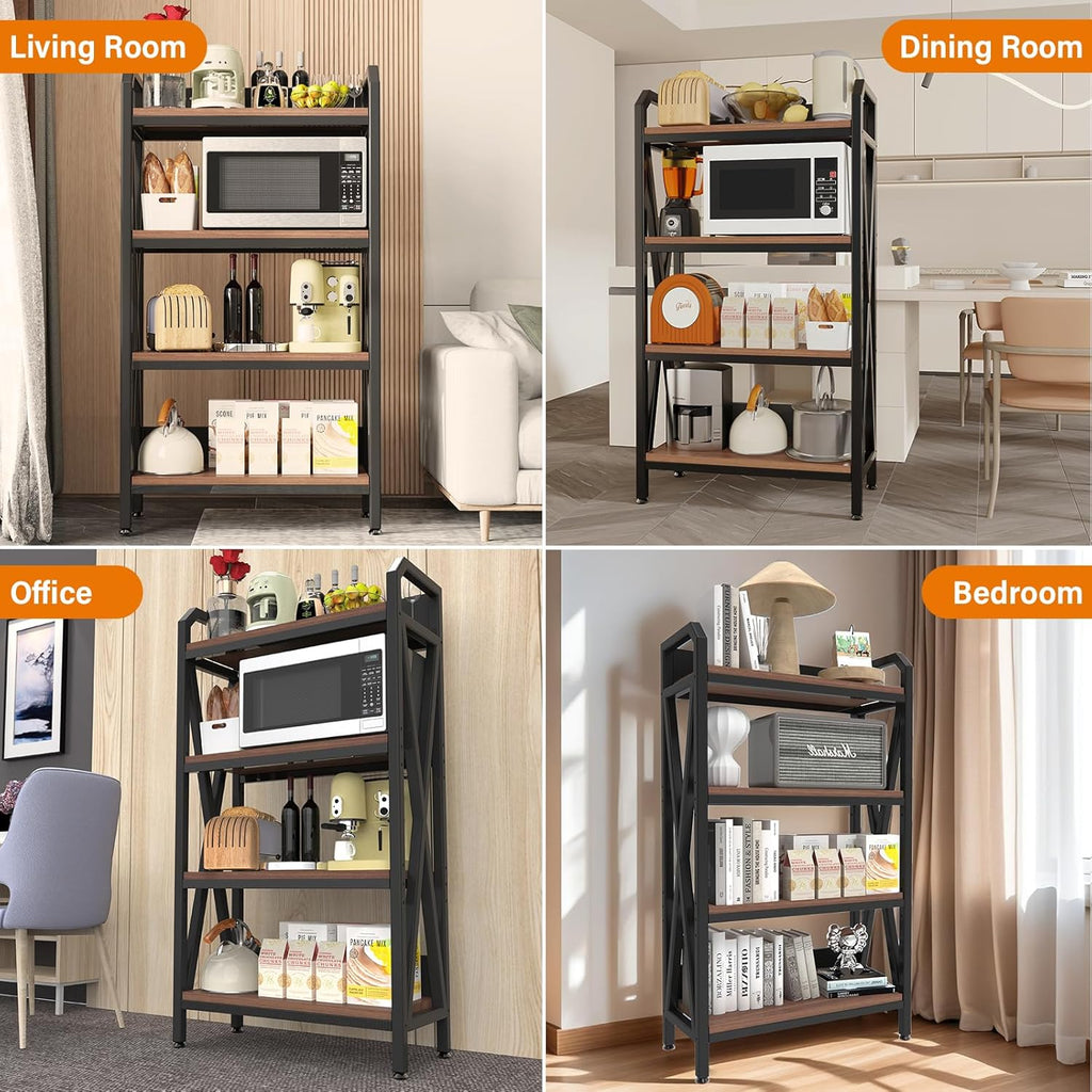 56.3' Baker's Rack for Kitchen, 4-Tier Metal Wood Shelf, Heavy Duty Adjustable Shelving Unit, Freestanding Organizer for Garage Pantry Bathroom Closet, Black Brown