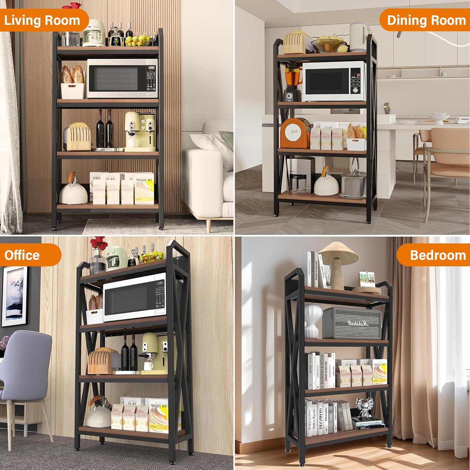56.3' Baker's Rack for Kitchen, 4-Tier Metal Wood Shelf, Heavy Duty Adjustable Shelving Unit, Freestanding Organizer for Garage Pantry Bathroom Closet, Black Brown