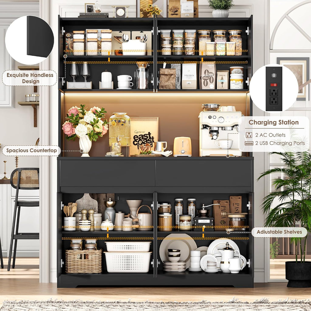 FINETONES 71' Tall Pantry Cabinet with LED Lights and Charging Station, 47.2' Wide Kitchen Pantry Storage Cabinet Kitchen Hutch with Microwave Stand, Tall Storage Cabinet for Living Room, Black