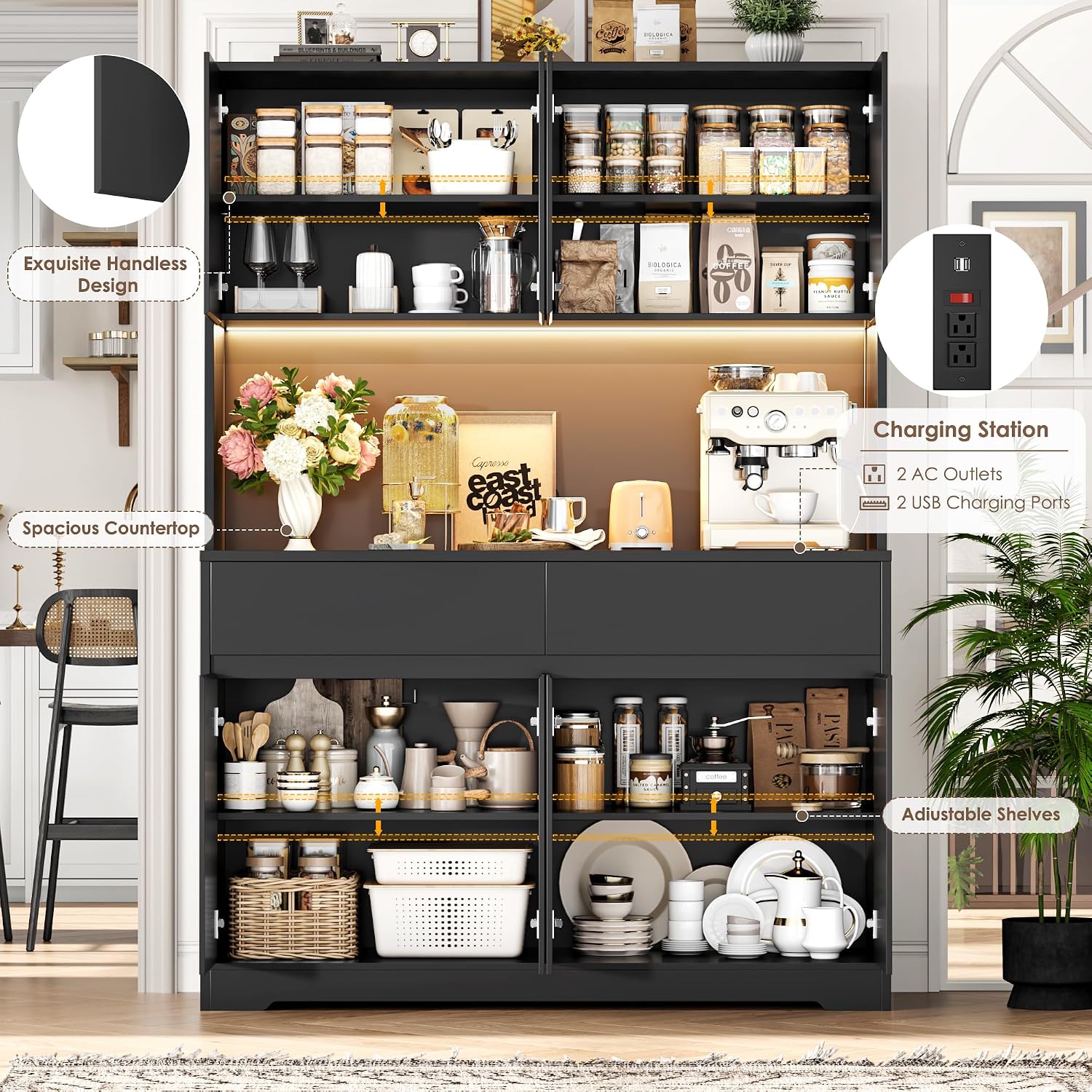 FINETONES 71' Tall Pantry Cabinet with LED Lights and Charging Station, 47.2' Wide Kitchen Pantry Storage Cabinet Kitchen Hutch with Microwave Stand, Tall Storage Cabinet for Living Room, Black