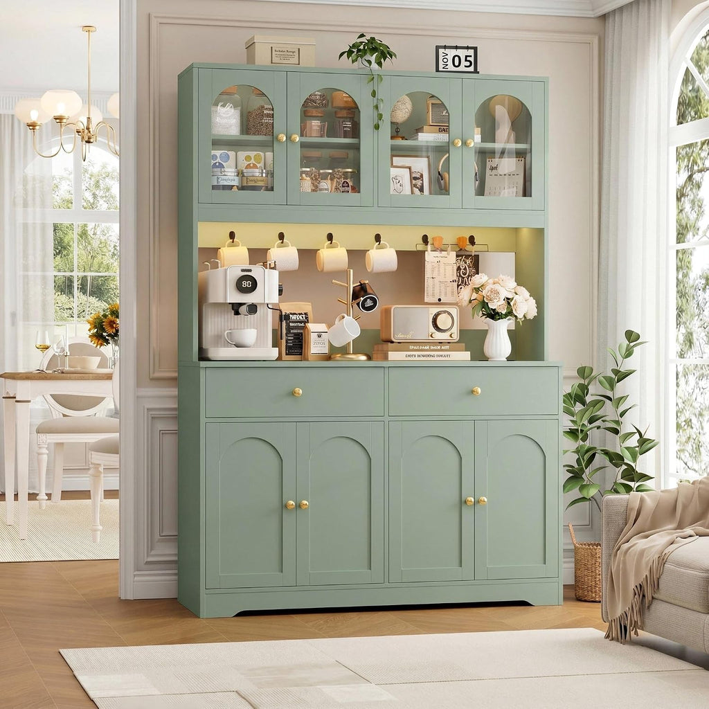 HIFIT 71' LED Kitchen Pantry Cabinet with Power Outlet, Large Kitchen Hutch Cabinet with 2 Storage Drawers & Arched Door, Countertop & Hooks, Tall China Bar for Dining Living Room (Green)