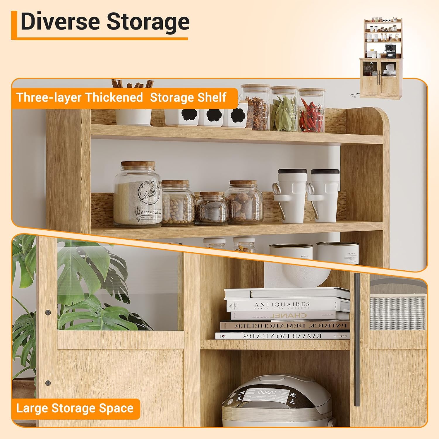 Microwave Stand Bakers Rack Cabinet with Power Outlet and Thickened Counter, Freestanding Farmhouse Coffee Bar Cabinet, Tall Kitchen Pantry Hutch with Glass Doors for Dining Room