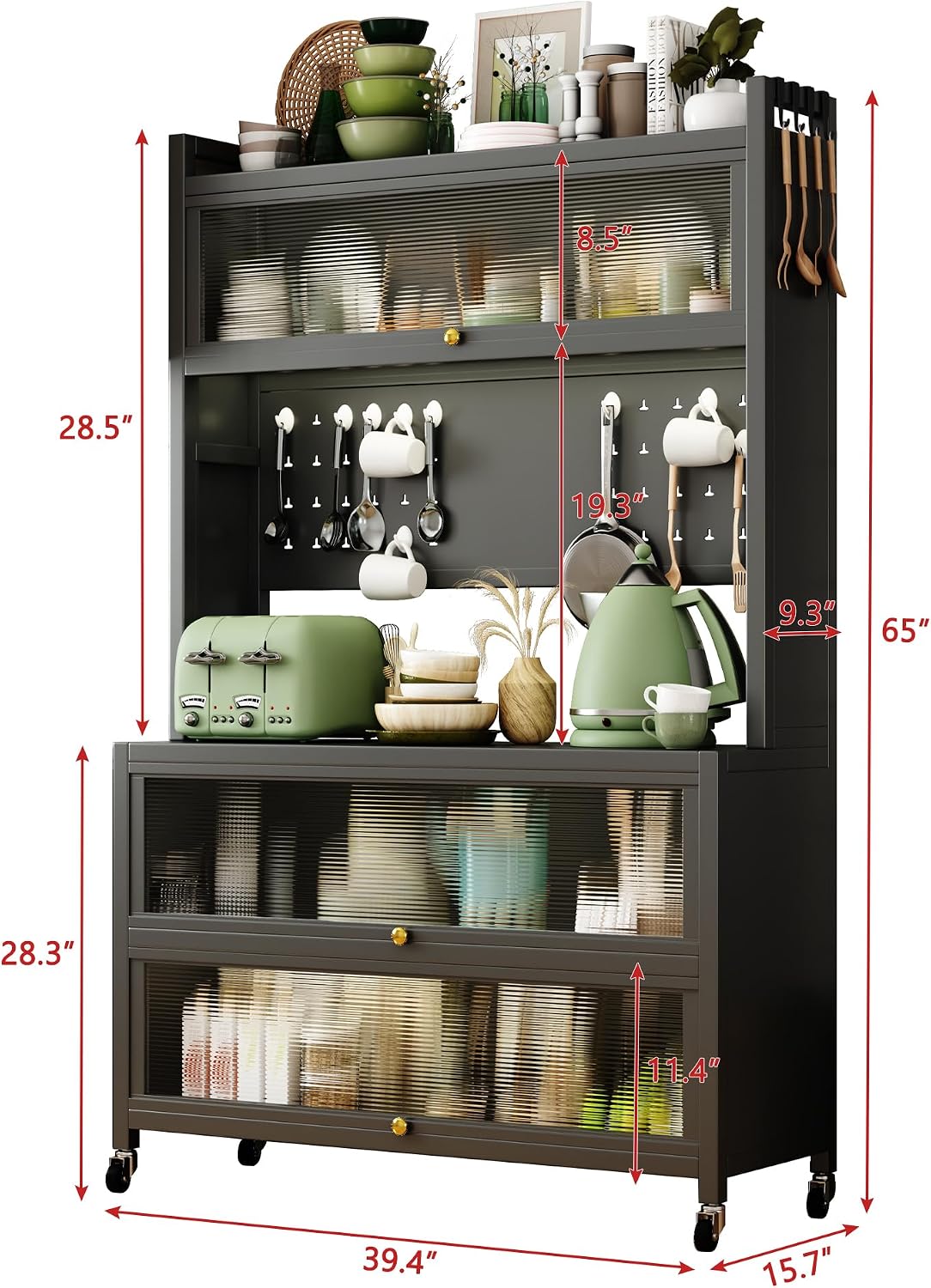 Kitchen Bakers Rack with Wheels, 65' Mobile Storage Cabinet for Living Room with Glass Doors and Pegboard Microwave Stand Coffee Station with Drawers Open Top Shelf for Entryway Dark Gray