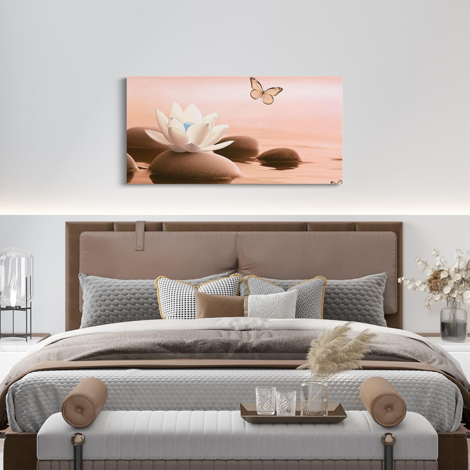 Erosebridal Lotus Water Lily Flower Canvas Wall Decor 58''X 29'',Butterfly Animal Artwork Poster,Zen Stone Simple Skin Color Pattern Large Wall Art