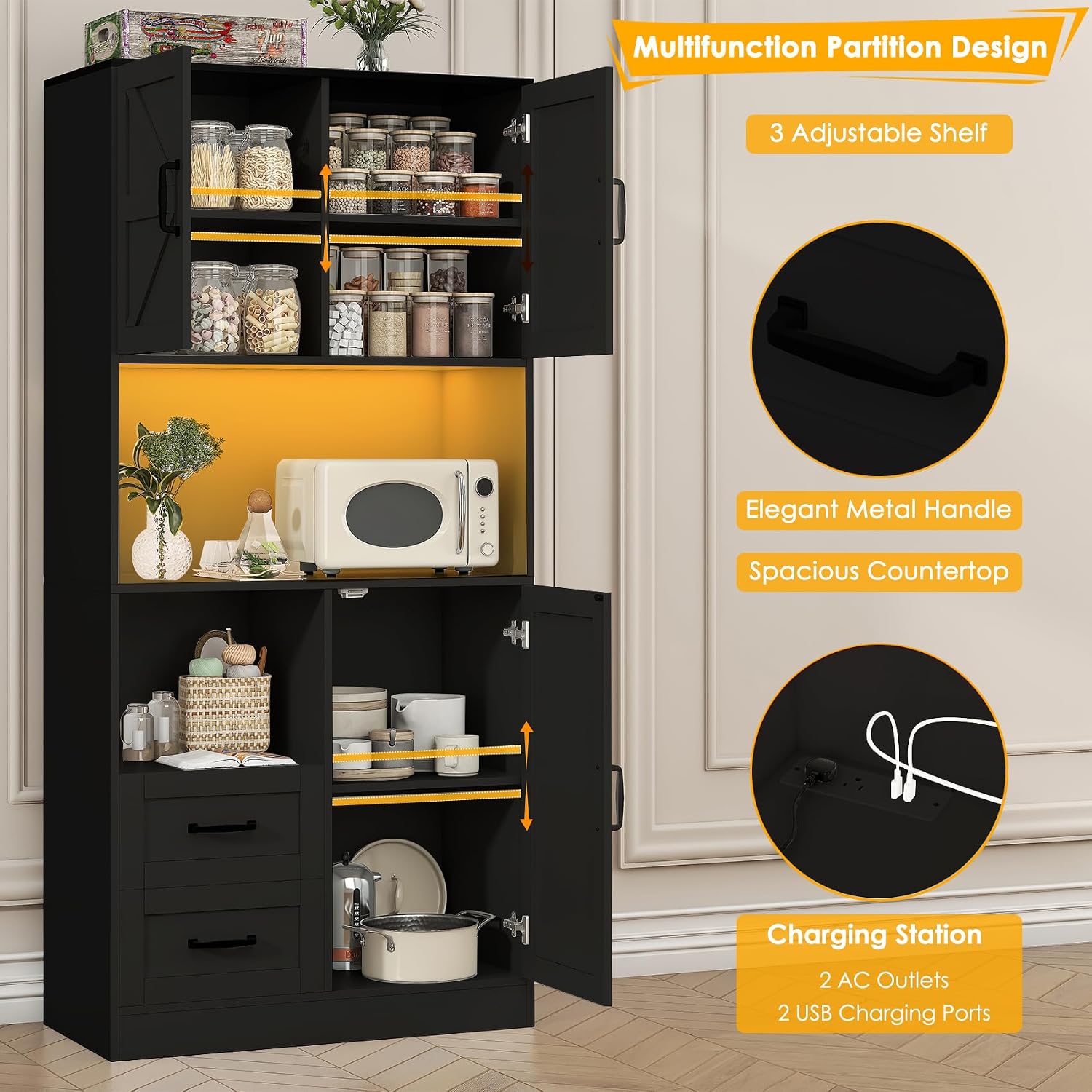 Kitchen Pantry Storage Cabinet with LED Lights and Power Strip, Tall Farmhouse Kitchen Pantry with Barn Doors and Drawers, Adjustable Shelves for Dining Living Room (Black)
