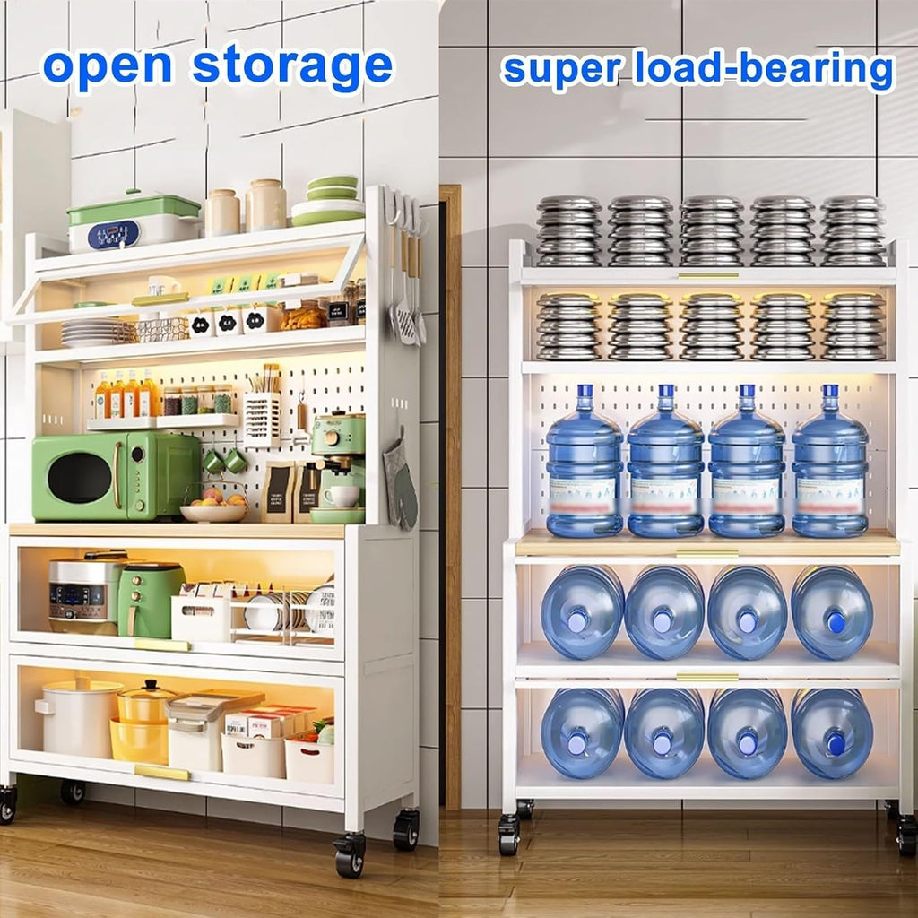 Kitchen Cabinet Storage, Bakers Rack with Power Outlets, 5-Tier Kitchen Storage Shelf, Large Kitchen Storage Shelves with Wheels, for Garage Pantry Kitchen Home (Col