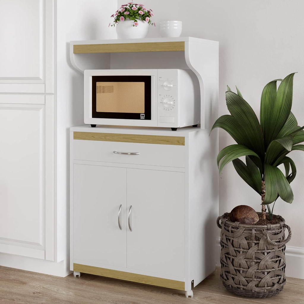 Microwave Stand with Storage – Rolling White Cabinet with Doors, Drawer, and Locking Wheels – Freestanding Wood Cart by Lavish Home (White and Oak)