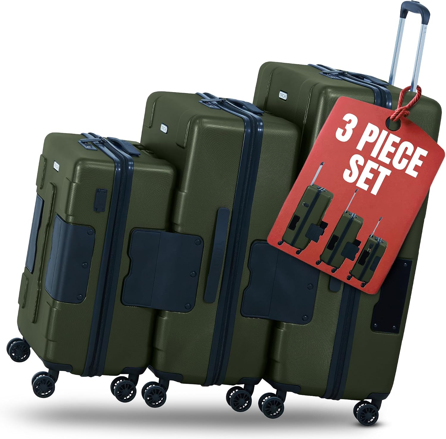 TACH Patented Connecting Hard Shell 3 Piece Luggage Set - 20, 24 & 28 inch Luggage | Carry-On, Medium & Large Rolling Suitcases - Forest Green