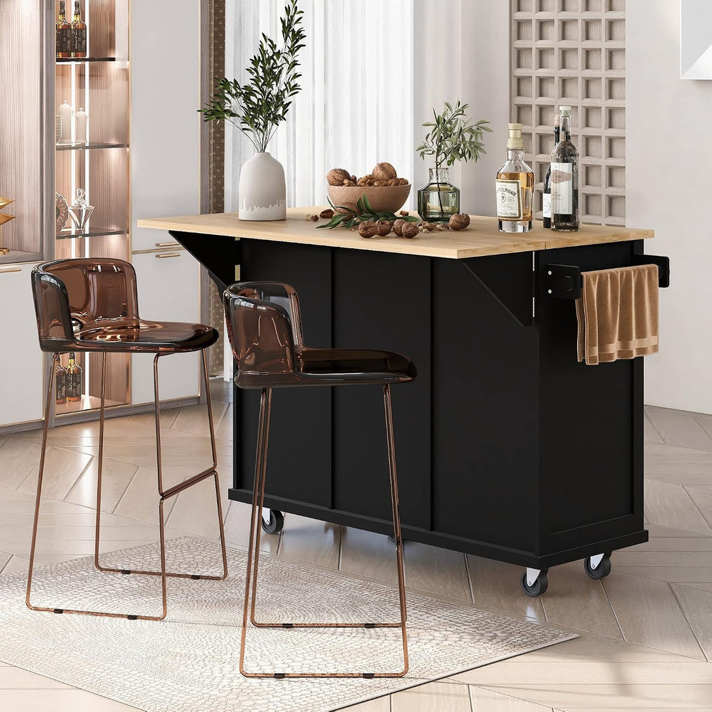 Modern Kitchen Island on 5 Wheels with Storage Cabinet and Drop-Leaf Countertop, Kitchen Cart with Cabinet Door Internal Storage Racks and 3 Drawers for Dinning Room (Black#M)