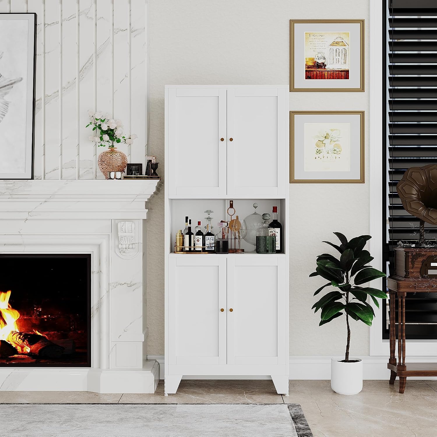 68.9'' White Metal Kitchen Pantry Cabinet with Doors and Adjustable Shelves, Hutch Cabinet with Microwave Storage, Kitchen Cabinet Storage for Living Room, Bathroom, Home