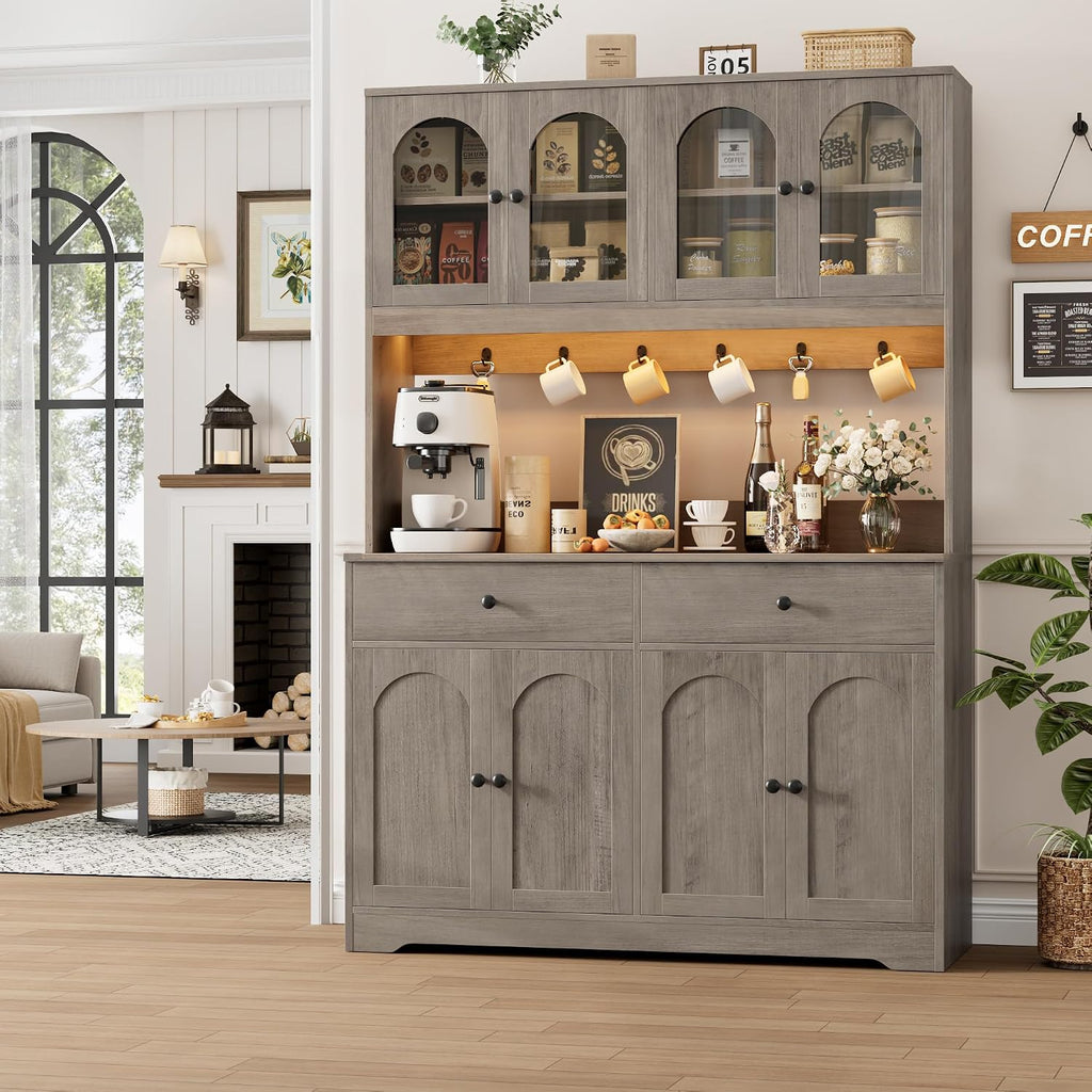 HIFIT 71' LED Kitchen Pantry Cabinet with Power Outlet, Large Kitchen Hutch Storage Cabinet with Arched Door, Shelves, 2 Drawer, Tall Farmhouse Coffee Bar w/Hutch for Home Dining Living Room, Ash Grey