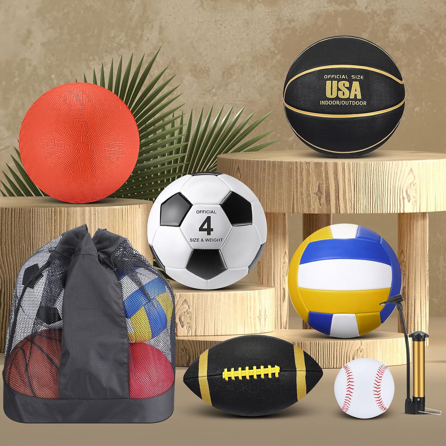 Leyndo 18 Pcs Sports Ball Set for Kids, Official Size Basketball Football Soccer Ball Playground Volleyball Baseball Outdoor Sport Equipment Bag and Pump Back to School Gift