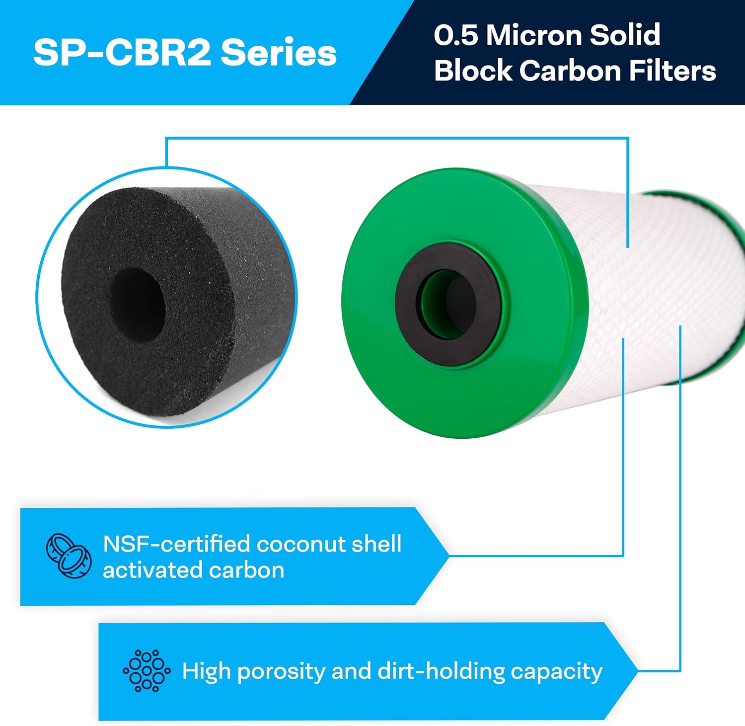 SpiroPure SP-CBR2-BB 10x4.5 0.5 Micron NSF Certified Coconut Shell Carbon Block Water Filter Cartridge CBC-BB 155170-43 SMCB-4510 (Case of 6)