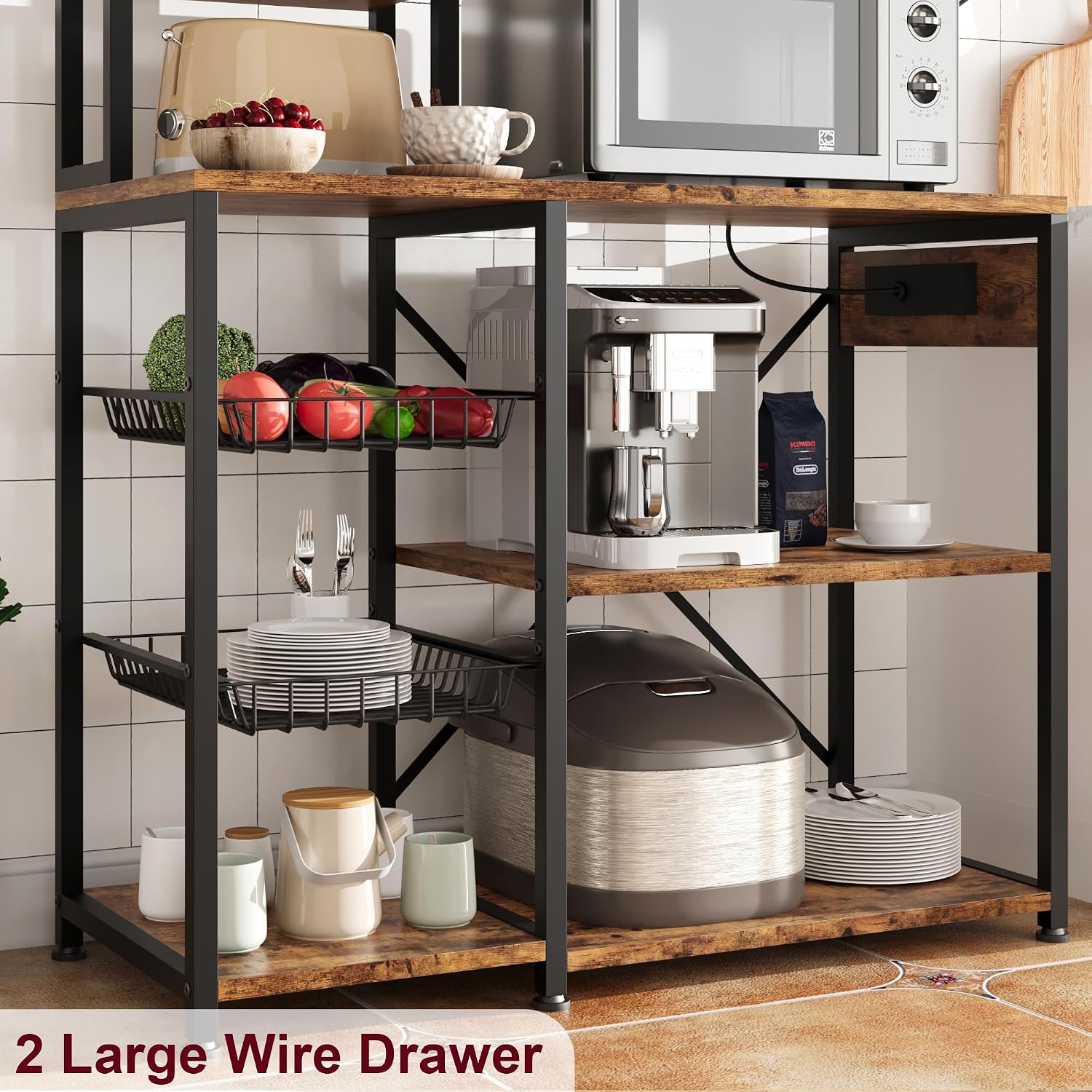 GAOMON 7-Tier Bakers Rack, Industrial Microwave Stand with 2 Metal Wire Baskets & Power Strip, Coffee Bar Organizer with Large Storage Shelves for Pots & Dishes, Kitchen Storage Rack, Brown