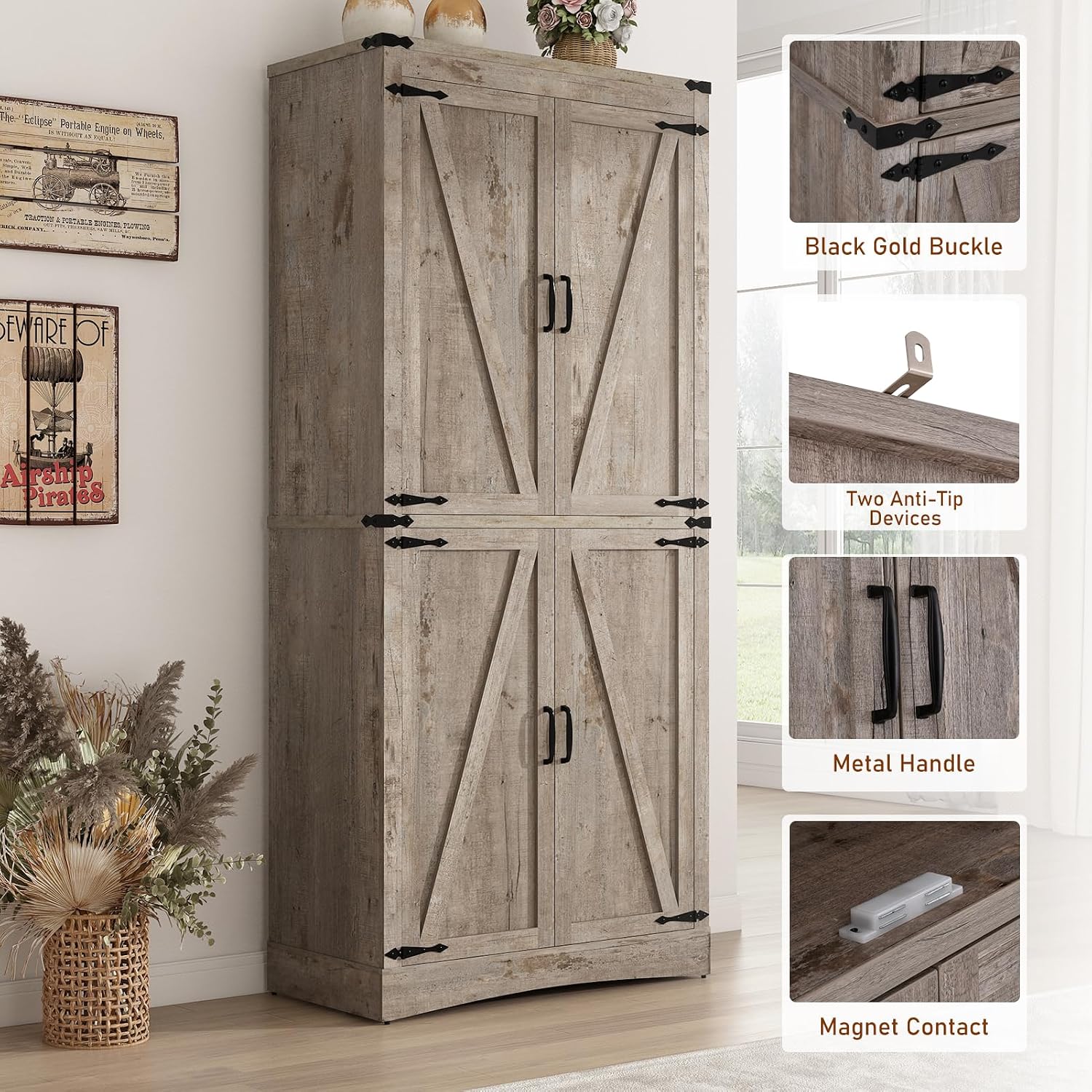 71' Tall Kitchen Pantry,Farmhouse Storage Cabinet with Adjustable Shelves,Load-Bearing Steel Pipe,Farmhouse Pantry Cabinet with 4 Barn Doors,for Kitchen,Dining Room,Living Room(Light Rustic Oak)