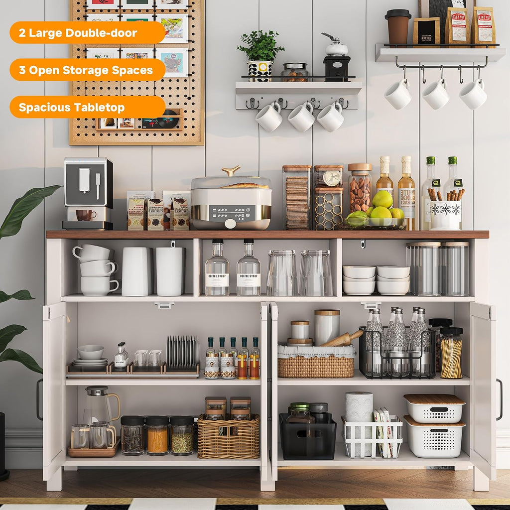 knoworld Buffet Sideboard with Storage Farmhouse with 4 Doors, 55'' Large Kitchen Storage Cabinet Wood Coffee Bar Cabinet Buffet Table with Shelves for Kitchen, Dining Room, Entryway