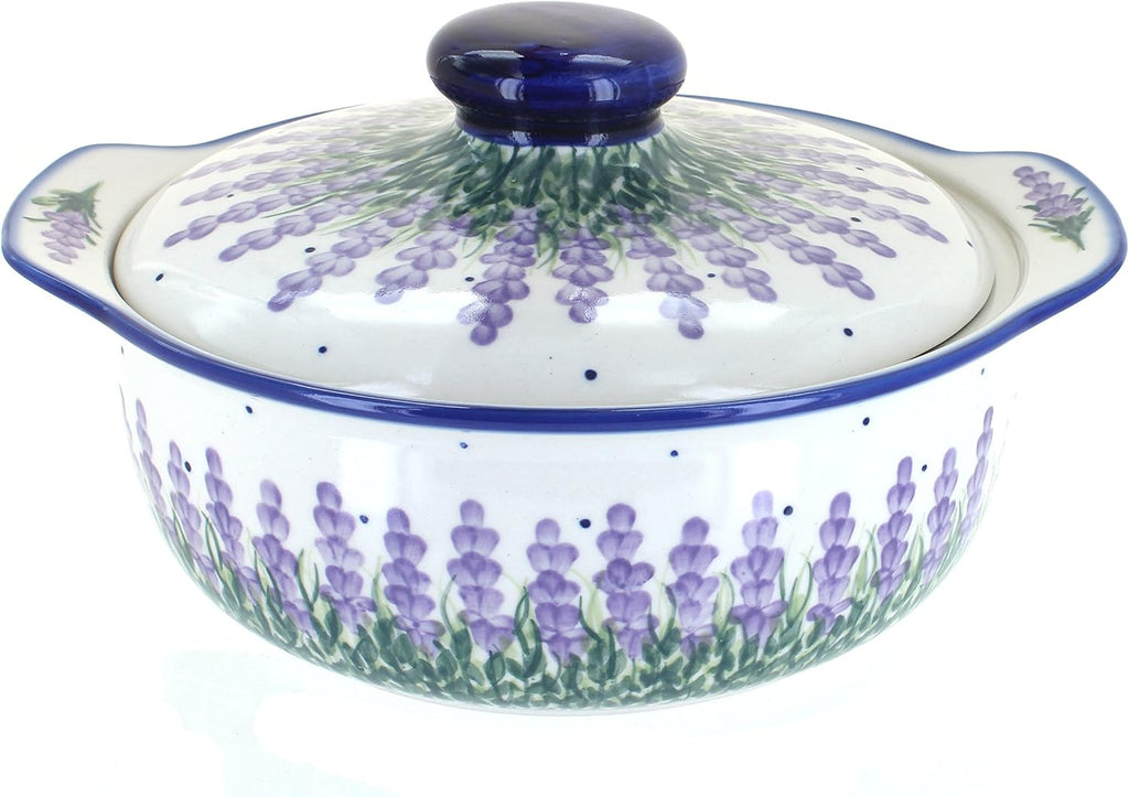 Blue Rose Polish Pottery Lavender Fields Round Covered Baker