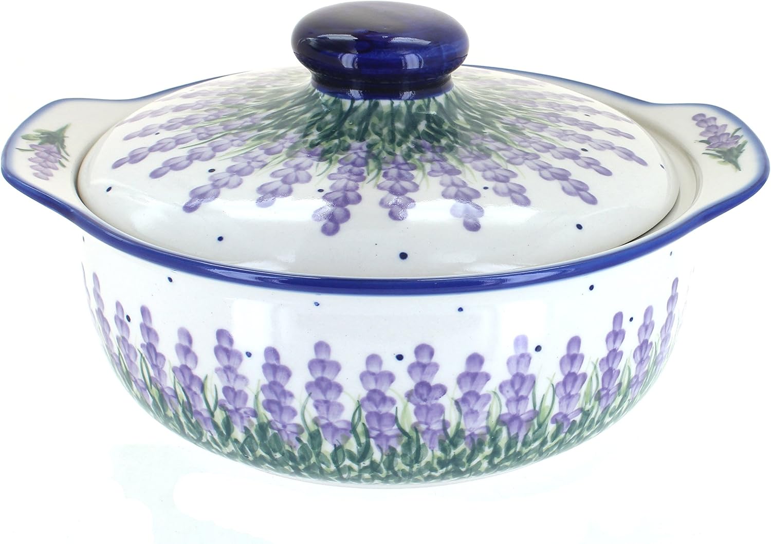 Blue Rose Polish Pottery Lavender Fields Round Covered Baker