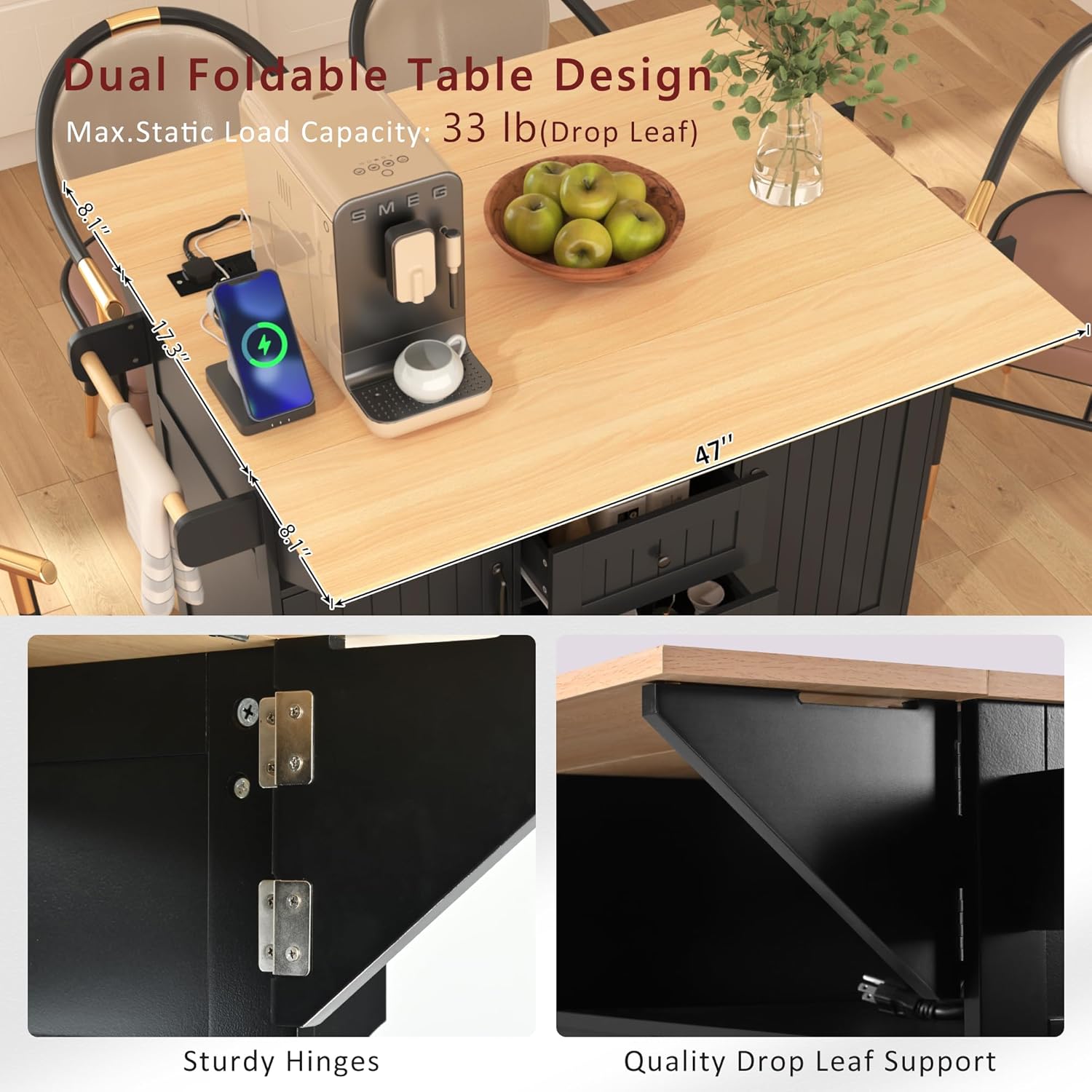Kitchen Island with 2 Drop Leaf, Home Cart Island on Wheels Foldable Dining Table with Power Outlets,3 Drawers,Storage Cabinet, Tower Rack(Black)