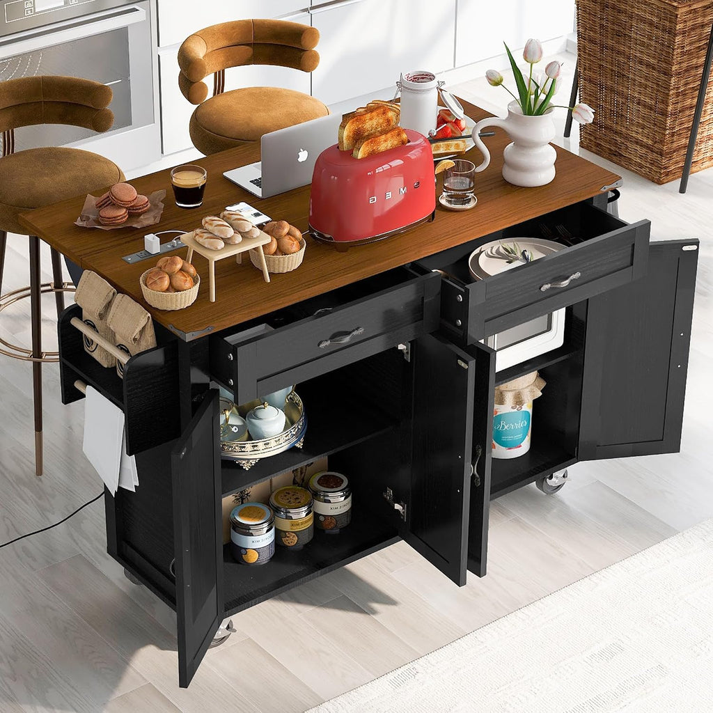 53.5' Farmhouse Rolling Kitchen Island Cart on Wheels with Power Outlet, Kitchen Storage Island with Drop Leaf, Spice Rack and Drawer for Dining Room Kitchens Living Room Black