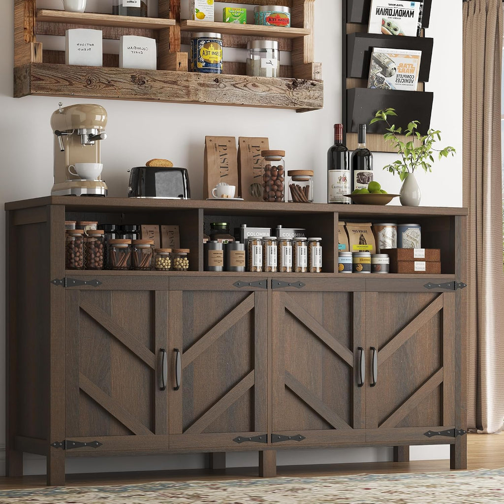 knoworld Buffet Sideboard with Storage Farmhouse with 4 Doors, 55'' Large Kitchen Storage Cabinet Wood Coffee Bar Cabinet Buffet Table with Shelves for Kitchen, Dining Room, Entryway (Brown, 55in)
