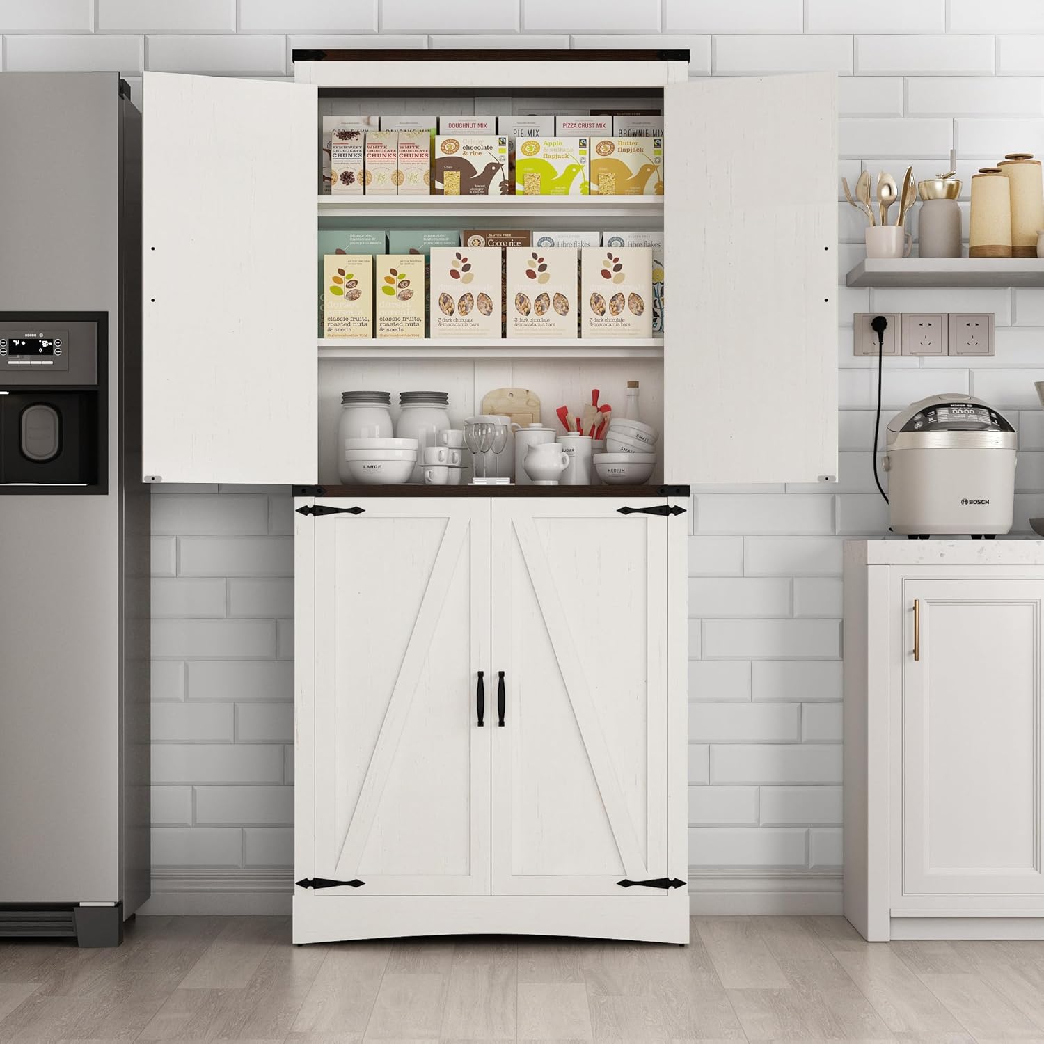 Hlivelood 71' Tall Kitchen Pantry,Farmhouse Storage Cabinet with Adjustable Shelves,Load-Bearing Steel Pipe,Farmhouse Pantry Cabinet with 4 Barn Doors,for Kitchen,Dining Room,Living Room(Rustic White)