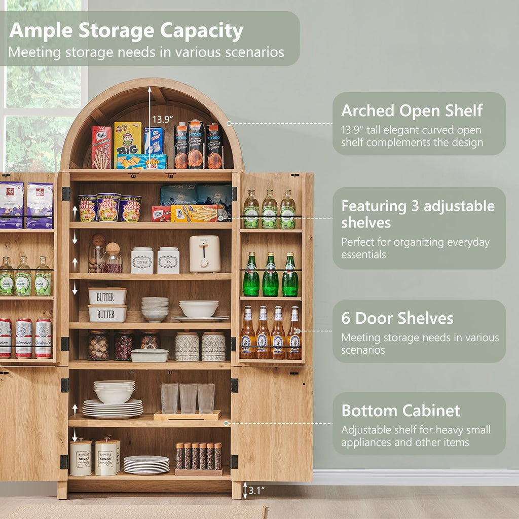 IFGET 71' Tall Arched Kitchen Pantry, Modern Fluted Wood Storage Cabinet with Doors, 3 Adjustable Shelves, 6 Door Shelves, Organizer, Versatile Cupboard for Kitchen, Bathroom, Natural