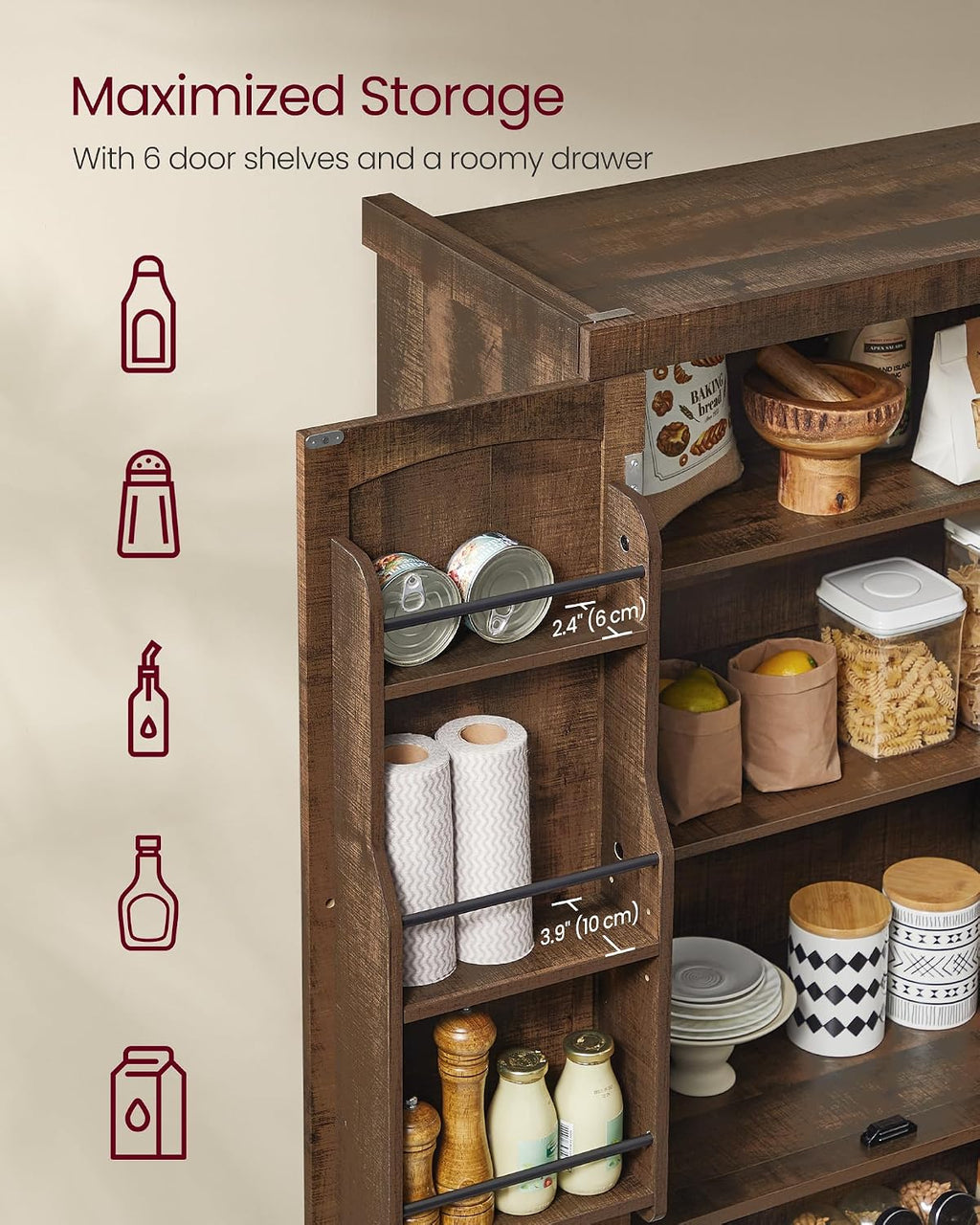 VASAGLE Pantry Cabinet, 15.7 x 30 x 71.7 Inches, Freestanding Tall Cupboard Storage Cabinet with a Drawer, 2 Cabinets, 6 Adjustable Shelves, for Living Room, Kitchen, Deep Brown UBBK561K01